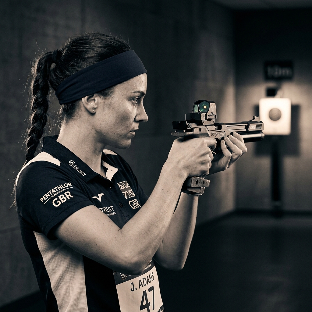 Athlete aiming optical laser pistol in competition
