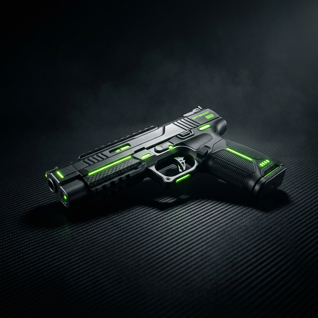 OPTISHOOT precision laser pistol on carbon fiber surface