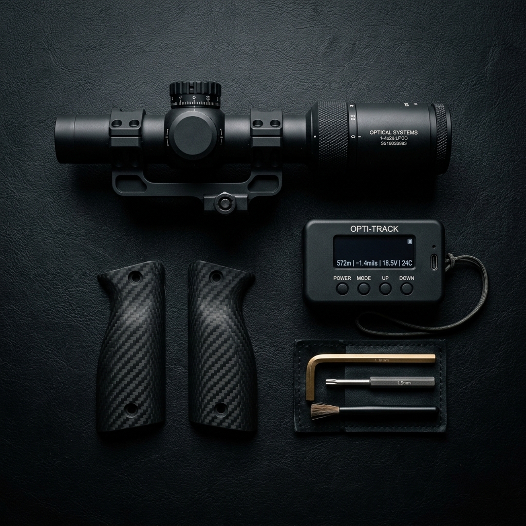Technical Accessories — precision optics and calibration tools flat-lay